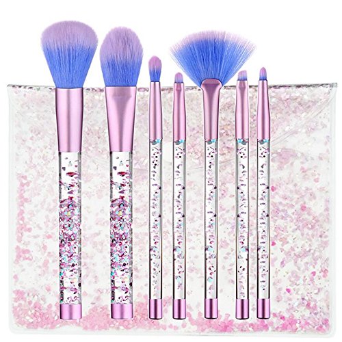 Coshine 7pcs Unicorn Series Shiny Crystal Liquid Quicksand Glitter Acrylic Handle Nylon Hair Makeup Tool Brush Set With Crystal Pouch