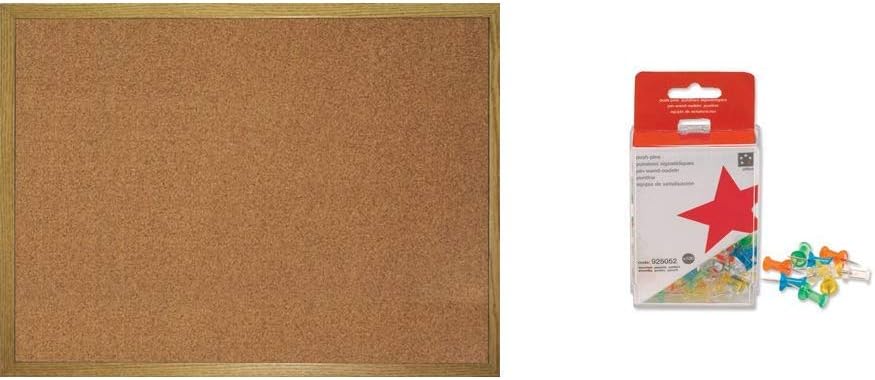 Cathedral Office Noticeboard Cork with Pine Frame W800xH600mm &5 Star Push Pins Assorted Translucent [Pack 100]