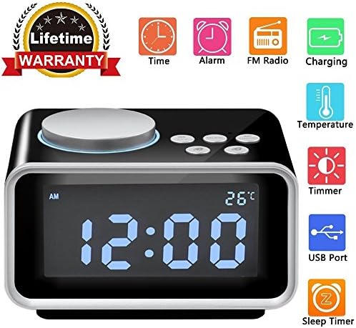Radio Alarm Clock Qiwoo Digital FM Radio Clock with 2 USB Charging Port for iPhone/iPad Android Dual Alarm with Snooze Function Indoor Thermometer 3.2" LCD Display 6 Dimmer for Bedroom Office Desk