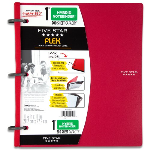 Five Star Flex NoteBinder, 1 Inch Binder, Notebook and Binder All-in-One, Red (72005)