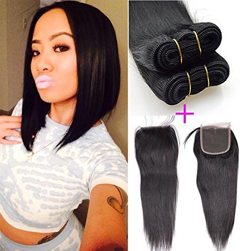 Top Hair 8A Brazilian Straight Hair With Closure Virgin Remy Hair 3 Bundles With Lace Closure (4×4) Human Hair Weave for Bob Unprocessed Virgin Hair Weft(8 8 8+10"closure)