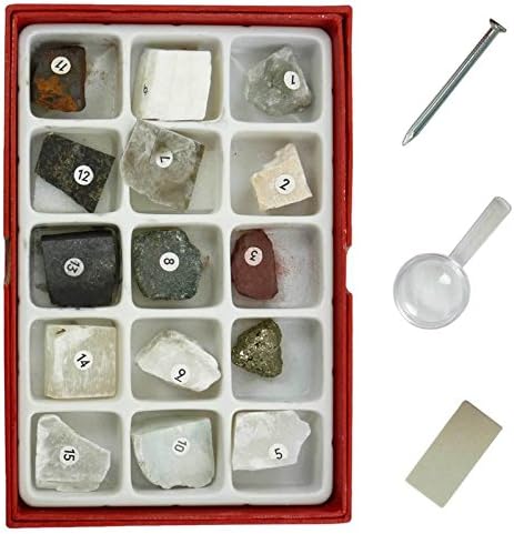 Real 15 Rock and Minerals Collection Identification Study Kit with tools for Kids in Geology Science Education by BII