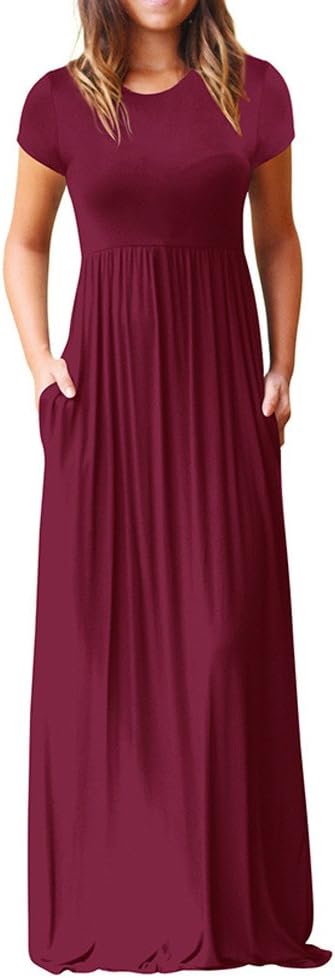 HGWXX7 Women Casual Loose Sliod Pockets Short Sleeve O Neck Long Party Dress