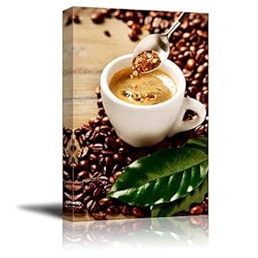 Canvas Prints Wall Art - Cup of Espresso Coffee and Coffee Beans and Brown Sugar | Modern Wall Decor/Home Art Stretched Gallery Canvas Wraps Giclee Print & Ready to Hang - 12" x 18"