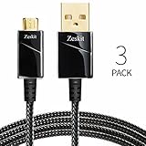 [3-Pack 10ft] Zeskit Gold Plated | Quick Charge Supported | Nylon Braided Micro USB Charging and Sync Cable - Durable Anti-Scratches Housing - for Samsung Moto HTC Nexus Android Smartphones Kindle