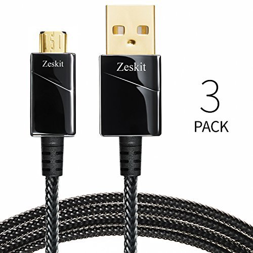 [3-Pack 10ft] Zeskit Gold Plated | Quick Charge Supported | Nylon Braided Micro USB Charging and Sync Cable - Durable Anti-Scratches Housing - for Samsung Moto HTC Nexus Android Smartphones Kindle