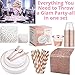 Disposable Plastic Tableware Set | Includes Plates, Cutlery, Table Runner, Napkins, Cups & Paper Straws for Dinner, Party, Bridal Shower, Birthday & Christmas | 251 Pieces Rose Gold Fancy Silverware
