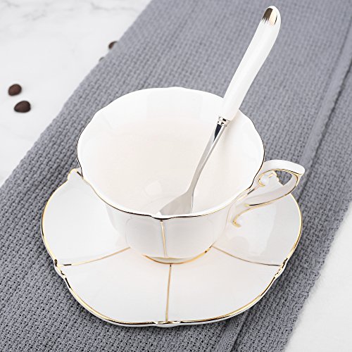 ARTVIGOR Lotus Leaf Shape Gold Rimmed Turkish Coffee Set of 12, New Bone China Espresso Cup Sets of Teacups, Saucers and Spoons for 4, Ivory White