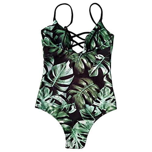 BSGSH Swimsuit Women's One Piece Criss Bandage Swimwear Leaves Print Monokini (S, Green) - Thumbnail 5