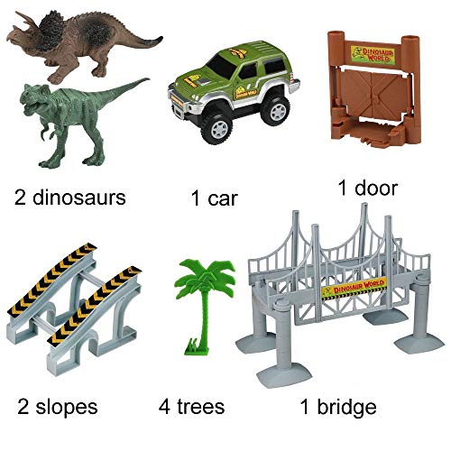 baccow Kids Dinosaur World Toys for 3 4 5 6 7 8 Year Old Boys and Girls, 142 Flexible Assembly Train Tracks Car Toys 2 Dinosaurs(Extra 1 Set Traffic Signs)