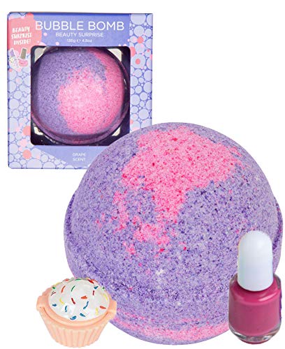 Beauty Bubble Bath Bomb with Surprise Nail Polish or Lip Gloss Inside. 99% Natural Fizzy in Gift Box. Moisturizes Dry Sensitive Skin. Releases Color, Scent, and Bubbles.