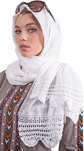 Artizara Womens Non-Slip Extra Large Lightweight Cotton Wrap Hijab Scarf Shayla Shawl with Crochet Lace Edge - White