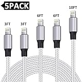 iPhone Charger,AYNGWRNB MFi Certified Lightning Cable 5 Pack [3/3/6/6/10FT] Extra Long Nylon Braided Cord Compatible iPhone Xs/Max/XR/X/8/8Plus and More