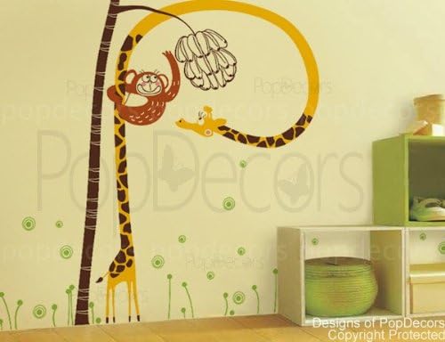 PopDecors - Cute monkey catches banana (79" H) - Custom Beautiful Tree Wall Decals for Kids Rooms Teen Girls Boys Wallpaper Murals Sticker Wall Stickers Nursery Decor Nursery Decals