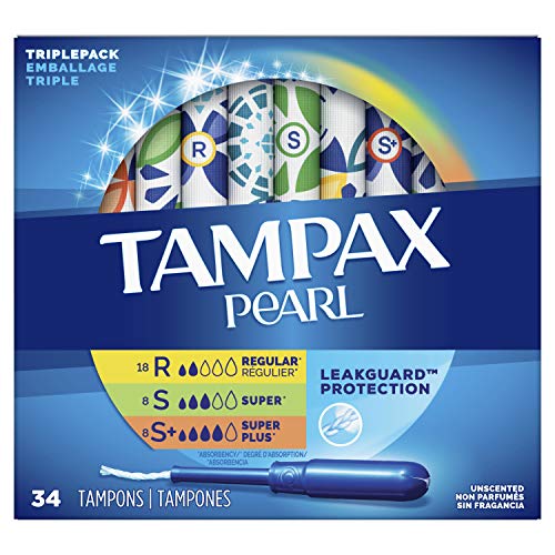 Tampax Pearl Tampons Multipack, Regular/Super/Super Plus Absorbency, With Leakguard Braid, Unscented, 34 Count x 3 Packs…