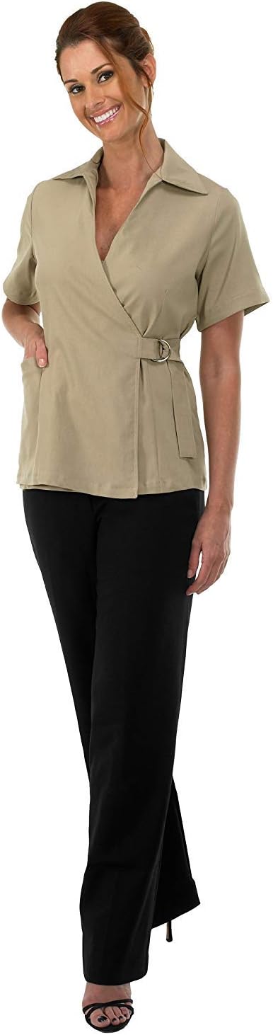 Canyon Rose Wrap Front Salon Esthetician Jacket, Short Sleeve Wrap Style with Side Tie, Cross Front V-neckline, Hidden Button, Adjustable Side Waist Cincher, Nylon/Spandex Stretch Fabric, Linen, M