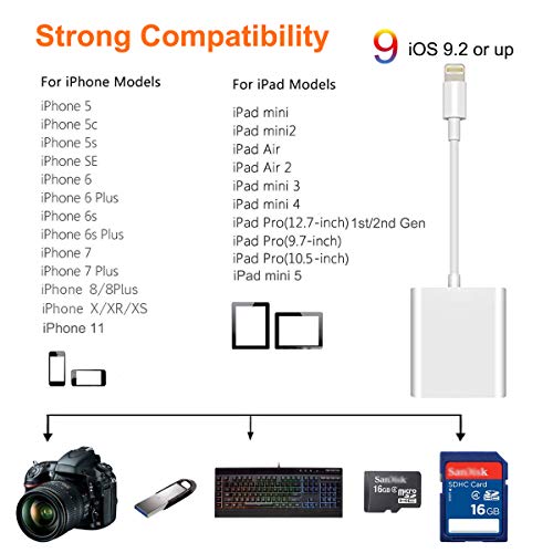SD Card Reader for iPhone iPad, USB Camera Adapter for iPhone iPad, 3 in 1 SD &TF Card to iPhone iPad with USB 2.0 Female OTG Adapter, Trail Game Camera Memory Card Reader Viewer,No App Required-White - Thumbnail 2