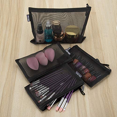 HRX Package Nylon Mesh Cosmetic Zipper Bags, 6PCS Black Makeup Pouches Pen Pencil Organizer Case for Travel Purse Diaper Bag (A5 x 3pcs, A6 x 3pcs)