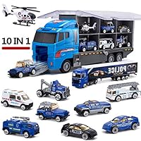 CHIMAGER 10 in 1 Police Transport Truck, Mini Die-Cast Plastic Play Vehicle in Carrier Car Toy Set, Mini Cars for Kid Children Boy and Girl Best Gift for Birthday Party Favors Christmas