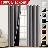 Flamingo P 100% Blackout Grey Curtains 108 inch Grey Faux Silk Satin with Black Liner Thermal Insulated Linded Double Layer Window Draperies Extra Long (2 Panels)