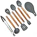 Premium Silicone Cooking Utensils Set, 9 Piece Gray Kitchen Utensil - 446°F Heat Resistant, Polished Wooden Handles, Non Toxic Safe Cooking Tools Non-stick Cookware Holder, Rustic Serving Gadgets