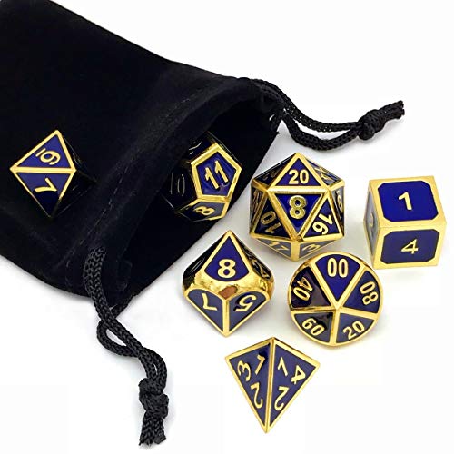 Set of 7 Metal Dice Shiny Gold Finish with Royal Blue Enamel Paint for RPG DND MTG Table Games