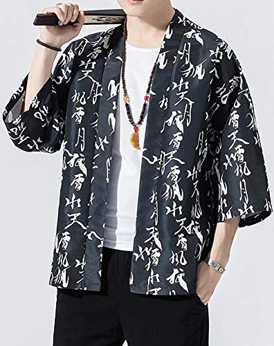 Hotmiss Men's Kimono Cardigan Jacket Japanese Style Flying Crane Seven Sleeves Open Front Coat (Pure Black, X-Large)
