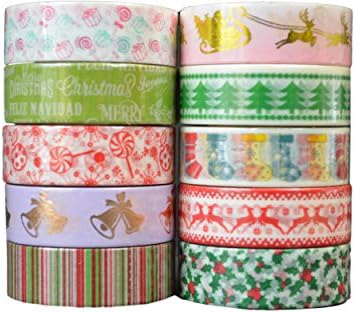 Crafty Rolls Decorative Washi Tape Set of 10 Rolls Assortment of Christmas Holiday Designs &amp; Shapes for Scrapbooking Crafts &amp; Gifts - Xmas