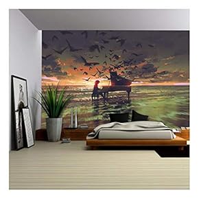 Illustration - Digital Art of The Man Playing Piano Among Crowd of Birds on The Beach at Sunset - Removable Wall Mural | Self-Adhesive Large Wallpaper - 66x96 inches