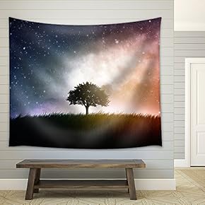 a Single Tree in a Field with Beautiful Space Background - Fabric Wall Tapestry Home Decor - 51x60 inches