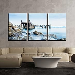 3 Piece Canvas Wall Art - Old Jetty and Rocks - Modern Home Art Stretched and Framed Ready to Hang - 16"x24"x3 Panels