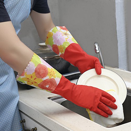 Household Dishwashing Cleaning Latex Gloves with Cotton Lining Kitchen Gloves,Dishwash Gloves Large (2 Pairs)