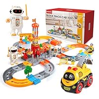 Beebeerun Train Set 130 Piece Car Track Toys Construction Track Set with Cartoon Car and Wireless Robots for Kids Toddlers Gift