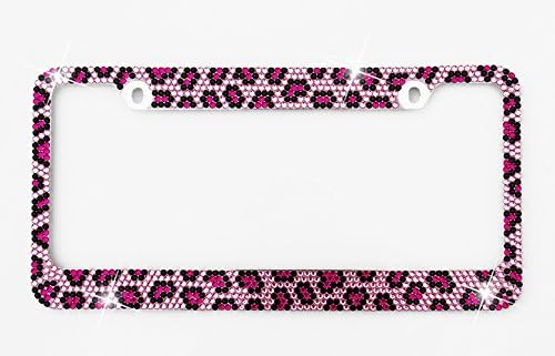 Car Candy 132-ACXP Bling Pink &amp; Black Leopard Print Crystal License Plate Frame
