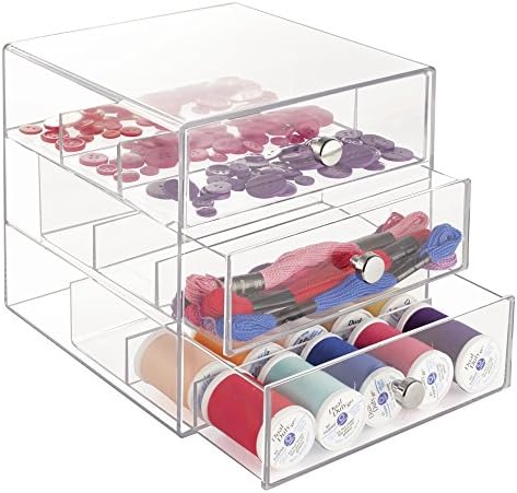 mDesign Art Supplies, Crafts, Crayons and Sewing Organizer with 3 Drawers - Clear