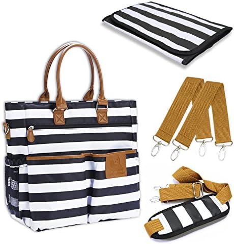 Big Baby Diaper Bag, Diaper Pad and Nappy Holder, Mummy Organizer with Diaper Stacker and Caddies, Fashion Black and White Strip Bag ( with Stroller Strap and Extra Shoulder Strap )