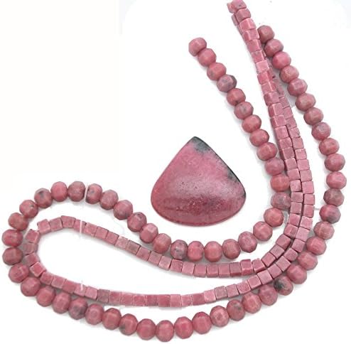Genuine Rhodonite 34x35mm Teardrop Cabochon with 2 - 16 inch Strands of Rhodonite Beads, Jewelry Making SET