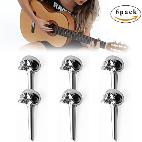 Rinastore Guitar Brass Bridge Pins Skull Design - 6Pack For Acoustic Guitar (Silver)
