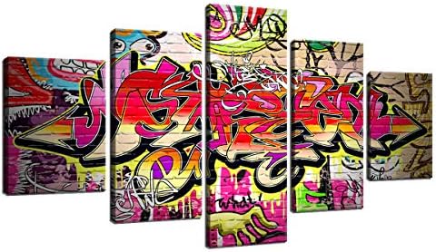 HDQ Art Abstract Colorful Graffiti Pictures Canvas Wall Art for Living Room Home Decor Posters and HD Prints Modern Painting Gallery-Wrapped 5 Piece Set Framed Ready to Hang (60''W x 32''H)