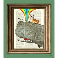 Dog Riding Whale Print. Kujira the Shiba Inu Dog Protects the Homeland From Evil Whalers With Love, Rainbows, and Her Deadly Harpoon. Doge Atop a Sperm Whale Dictionary Page Book Art Print