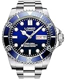 LOREO Mens Silver Stainless Steel Sapphire Glass Blue Rotating Bezel Men's Automatic Date Week Watch