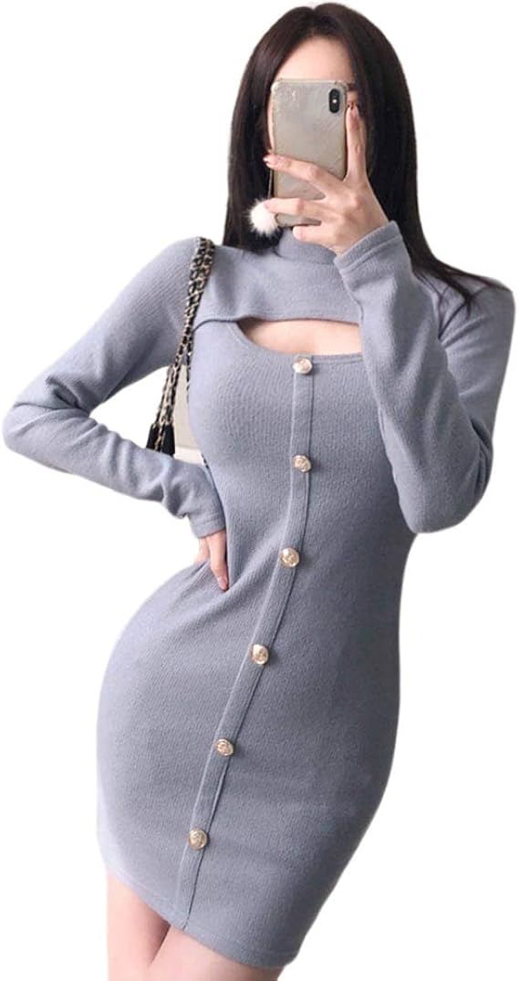 セクシーな編み物 ワンピース 韓国の女性 長い袖に落ちる スタンドミニ ナイトクラブミニ パーティードレス ワンピース チュニック 通販 Amazon