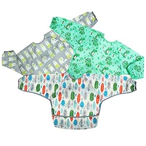 PandaEar Long Sleeve Bib 3-Pack| Smock Pocket Crumb Catcher Apron | 12-48 Months