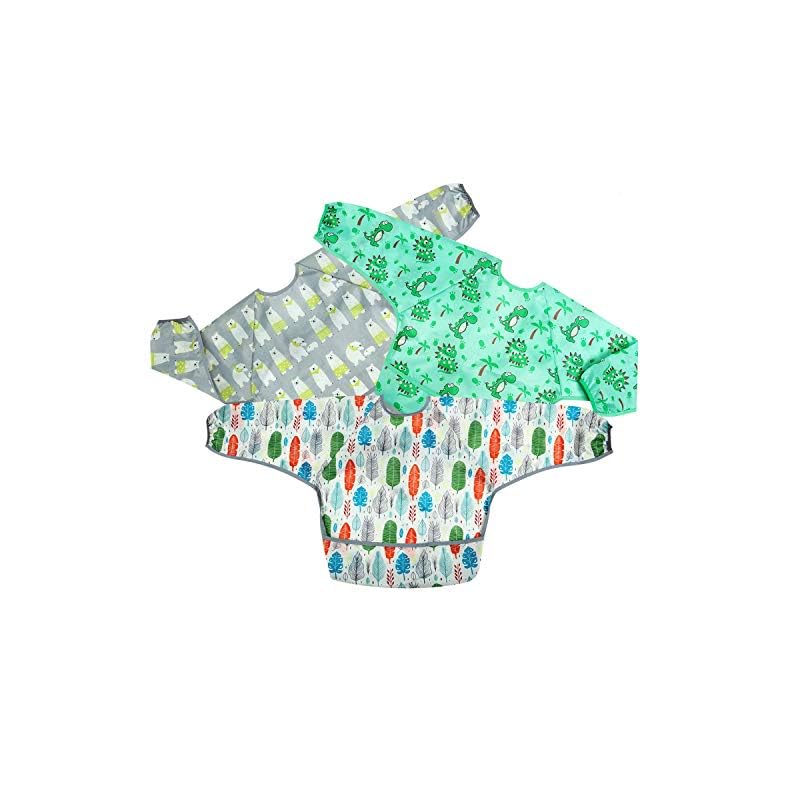 PandaEar Long Sleeve Bib 3-Pack| Smock Pocket Crumb Catcher Apron | 12-48 Months