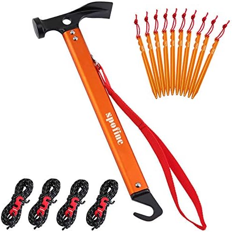 Spofine Camping Accessories Kit, Tent Stakes Mallet Hammer, Tent Pegs, Nylon Guyline Rope 4x13ft, Aluminum Cord Adjuster, Tent Accessories for Camping, Hiking, Backpacking