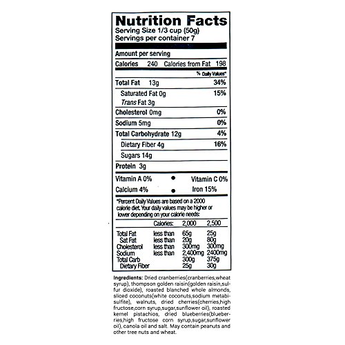 7oz Paradise Trail Mix from Basse Nuts, Selected Paradise Mix of Dried Fruits, Craisins and Nuts, 7oz Bag with Dried Cranberries, Dried Cherries, Coconut, Golden Raisins, Roasted Almonds, and Walnuts