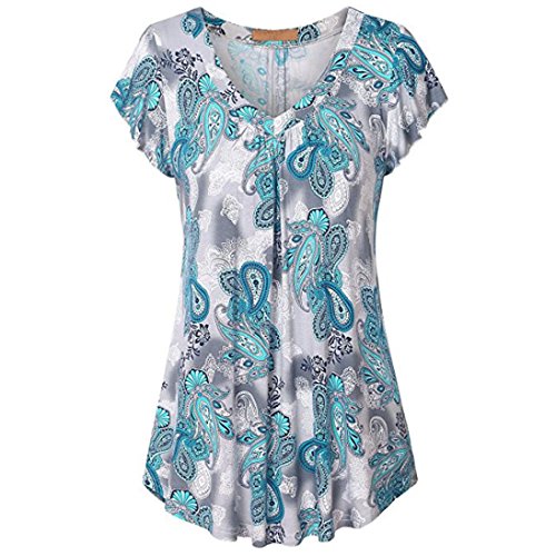 Click Here to See More Images NREALY Women's Plus Size Print Pleated Short Sleeve V Neck Top Tunic Blouse Shirt Tee
