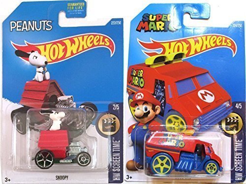 Hot Wheels Super Mario Cool One HW Screen Time & Snoopy Dog House #59 Peanuts Tooned car set
