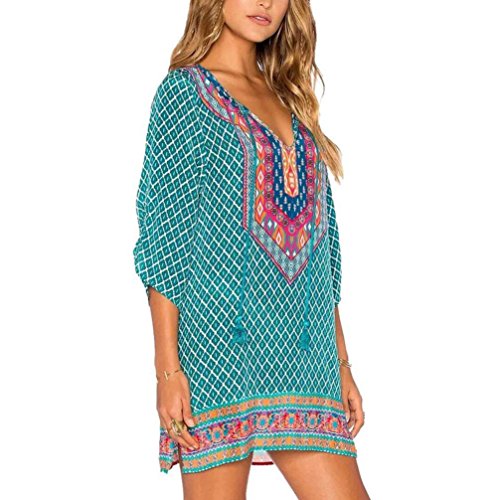 Han Shi-Dress Clearance Dress-Han Shi Women Vintage 3/4 Sleeves Geometric Print Summer Sundress (Green, S)