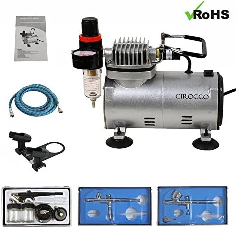 Cirocco Complete Airbrush Kit Set w/ 3 Pattern Gun Hose &amp; 1/5 Horse Power HP Compressor for Art Artist Paint Painting Tattoo Cake Decorating Nail Beauty Detailing Spray Tanning Contouring Dual Action